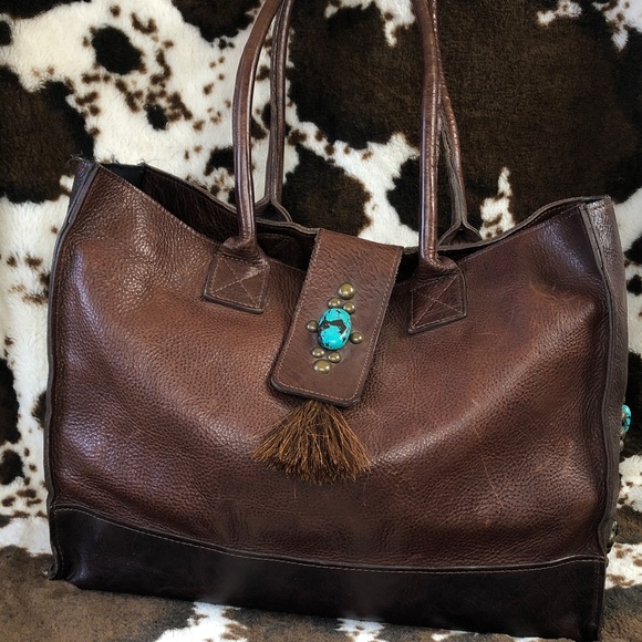 Big Two Bar West McFadin Leather Tote Bag Studded Turquoise Horse Hair Tassel - Picture 6 of 15
